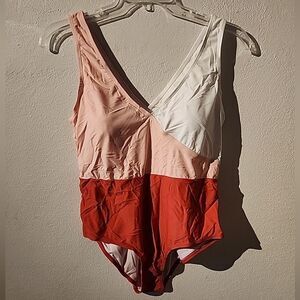 Meet Curve Swimsuit XL Pink White Orange V Neck One Piece Low Cut
